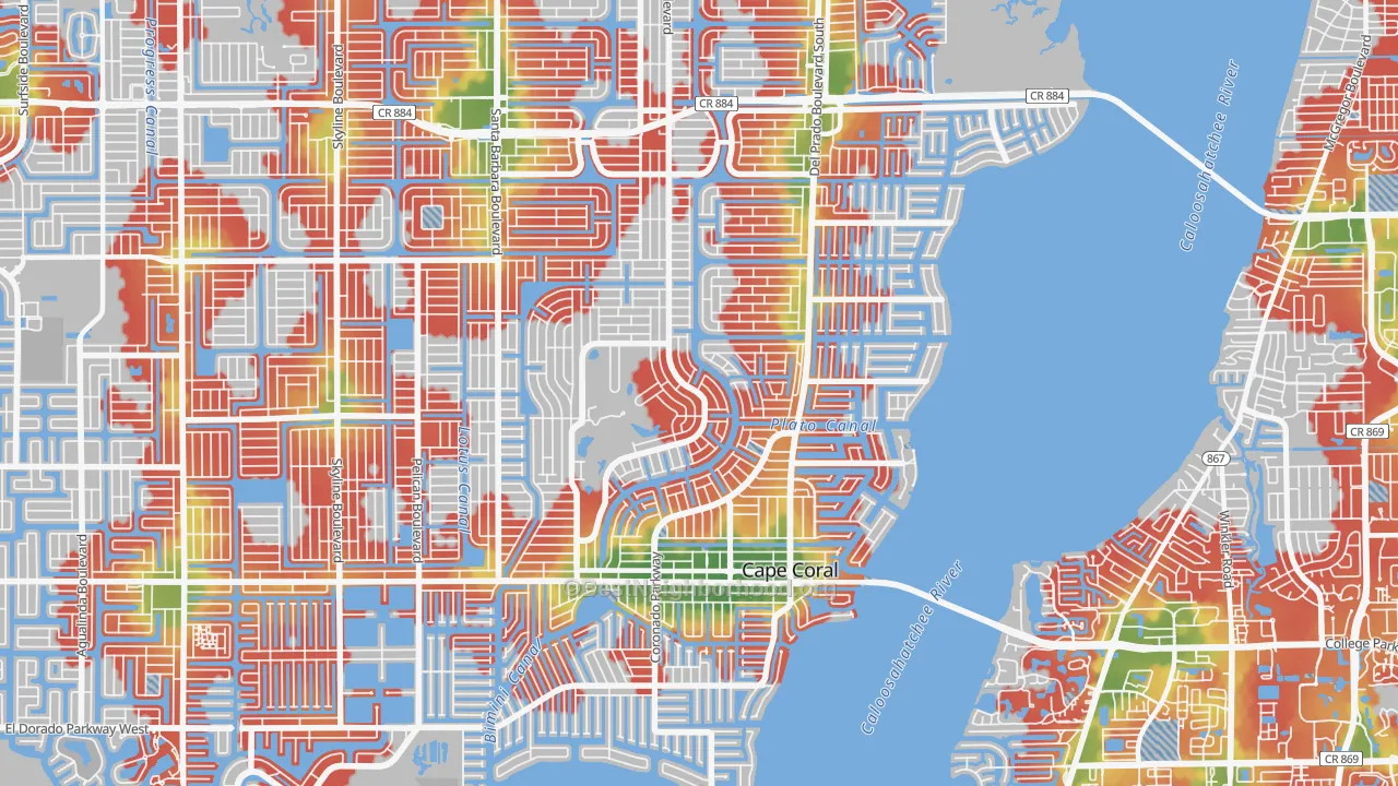 Walk Grade map of 33904, FL, walkable areas in green and car-dependent areas in red