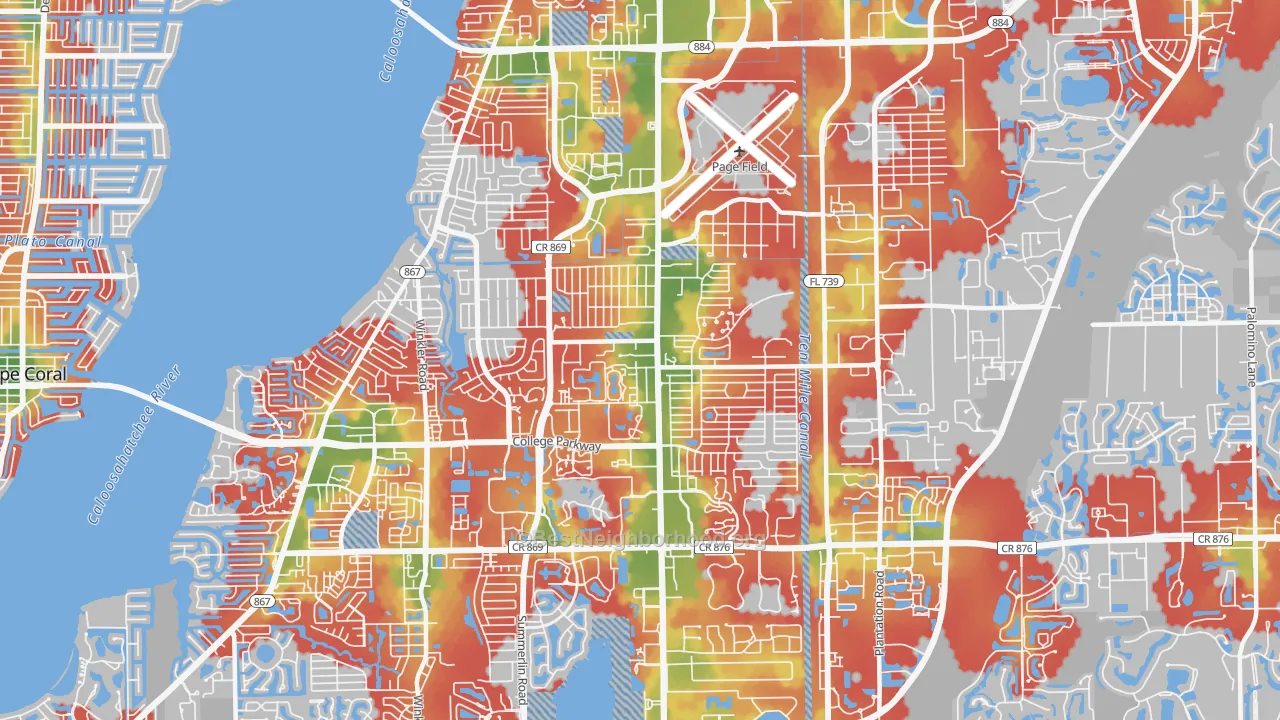 Walk Grade map of 33907, FL, walkable areas in green and car-dependent areas in red