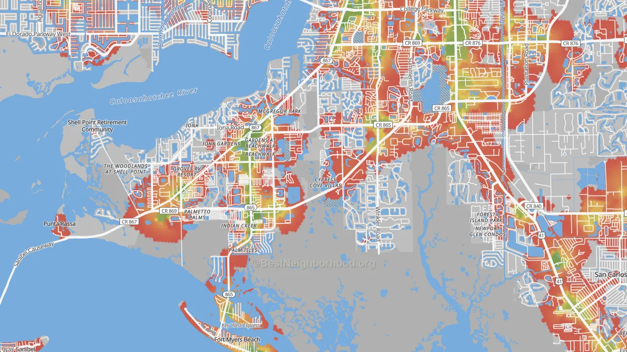 Walk Grade map of 33908, FL, walkable areas in green and car-dependent areas in red
