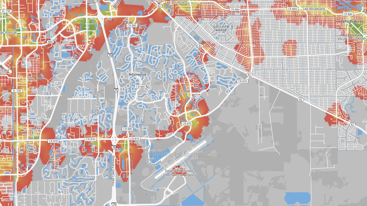 Walk Grade map of 33913, FL, walkable areas in green and car-dependent areas in red