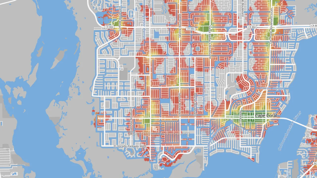 Walk Grade map of 33914, FL, walkable areas in green and car-dependent areas in red