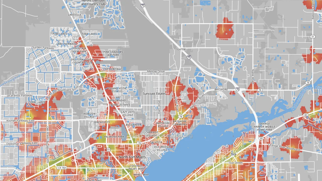 Walk Grade map of 33917, FL, walkable areas in green and car-dependent areas in red