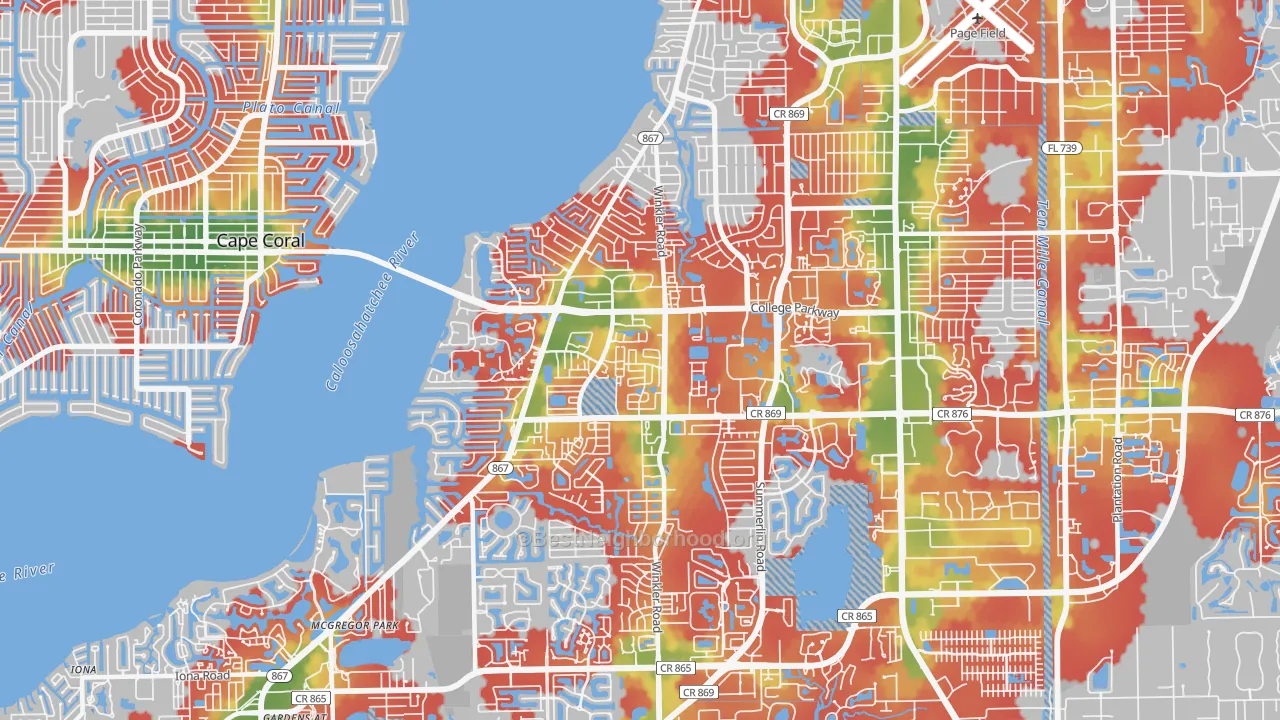Walk Grade map of 33919, FL, walkable areas in green and car-dependent areas in red