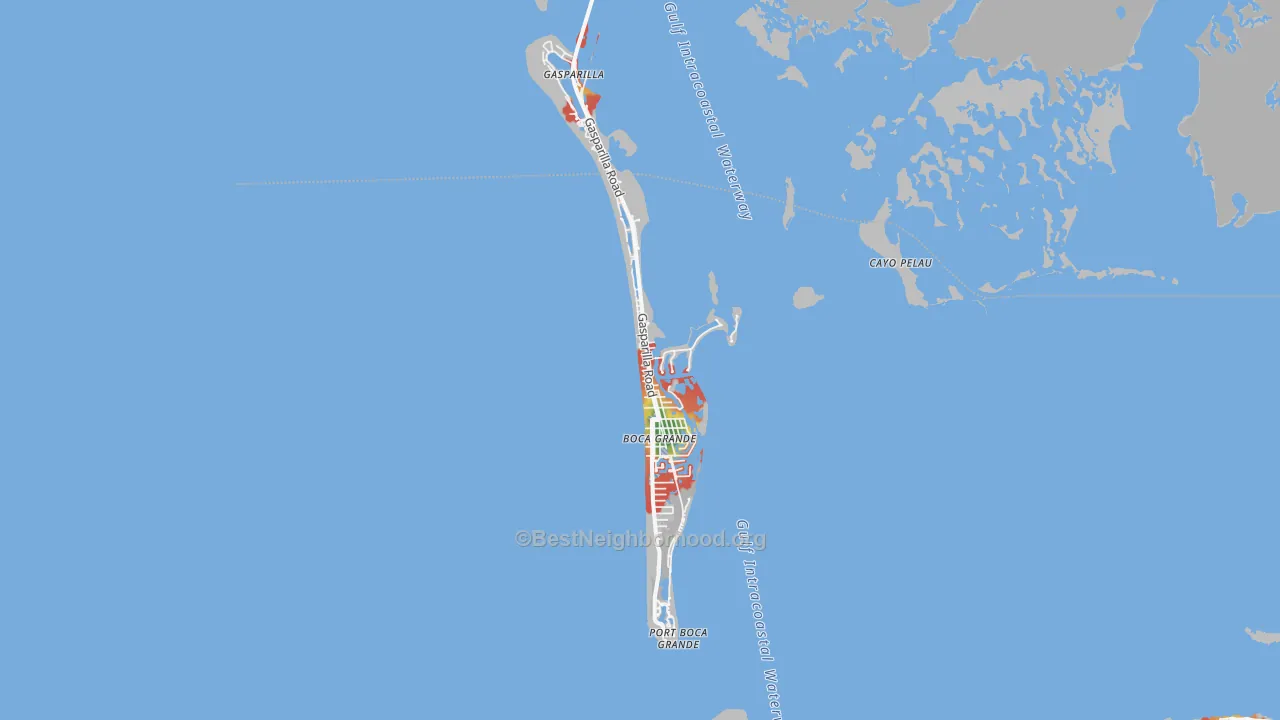 Walk Grade map of 33921, FL, walkable areas in green and car-dependent areas in red