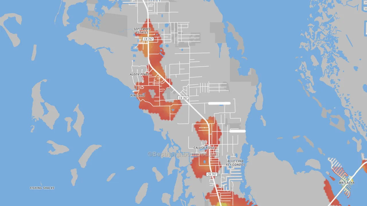 Walk Grade map of 33922, FL, walkable areas in green and car-dependent areas in red