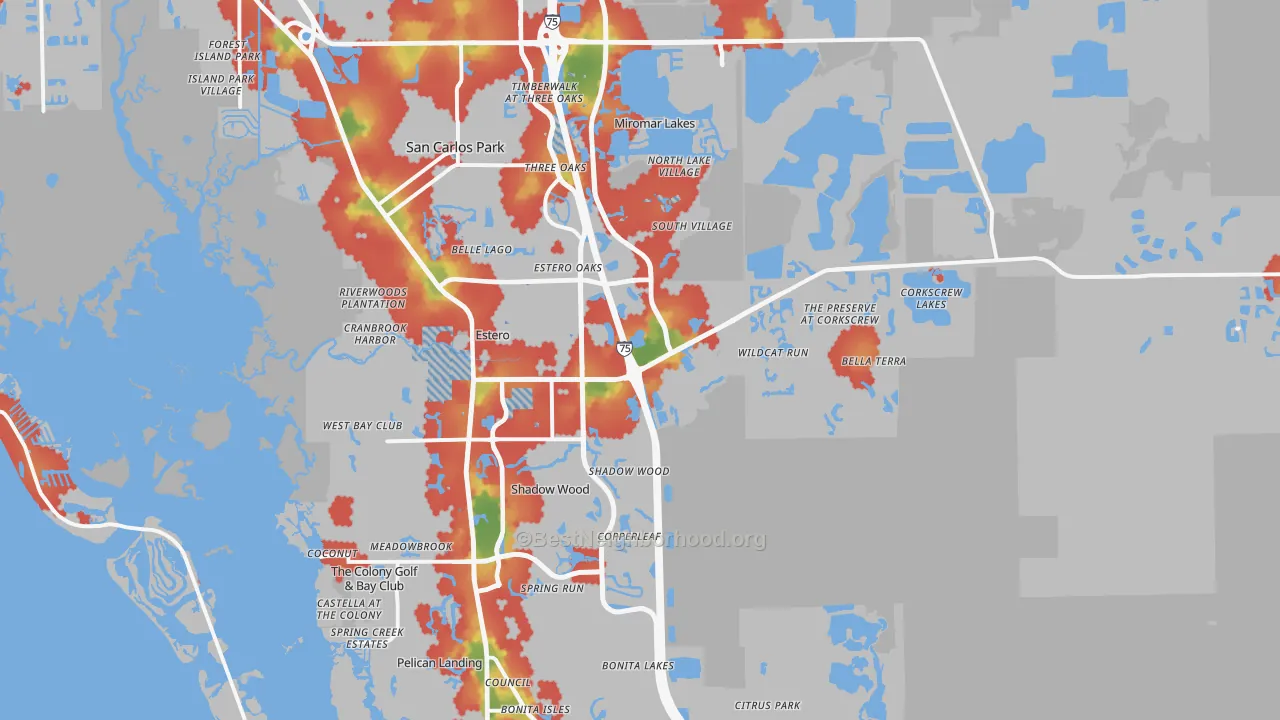 Walk Grade map of 33928, FL, walkable areas in green and car-dependent areas in red