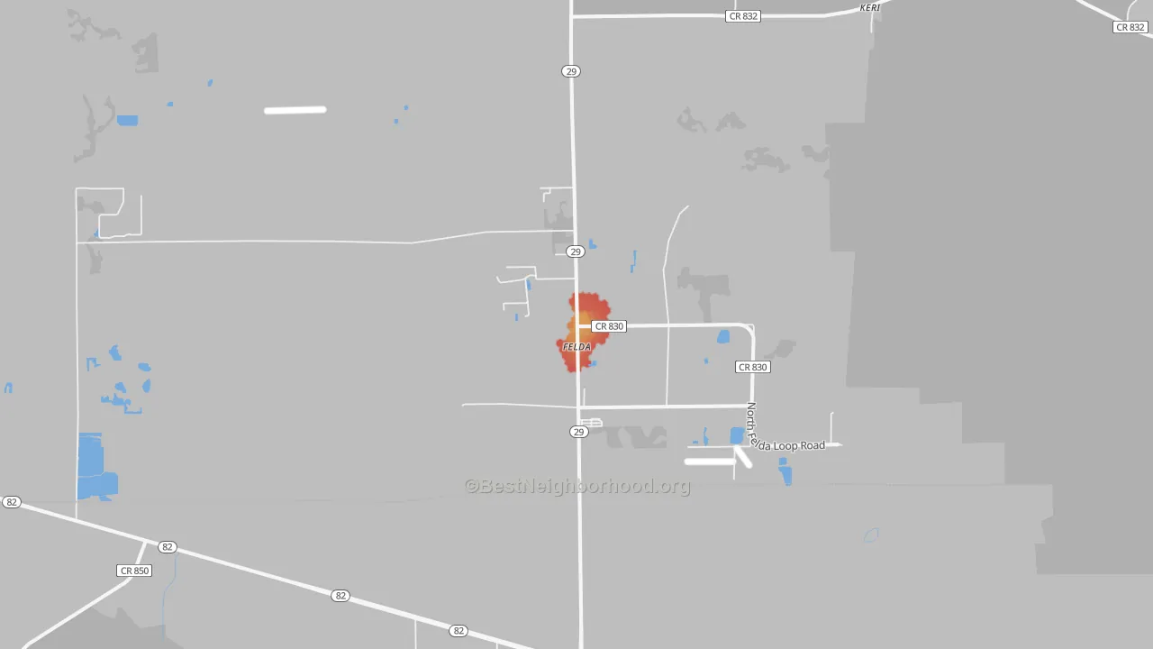 Walk Grade map of 33930, FL, walkable areas in green and car-dependent areas in red
