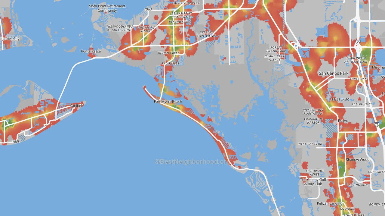 Walk Grade map of 33931, FL, walkable areas in green and car-dependent areas in red