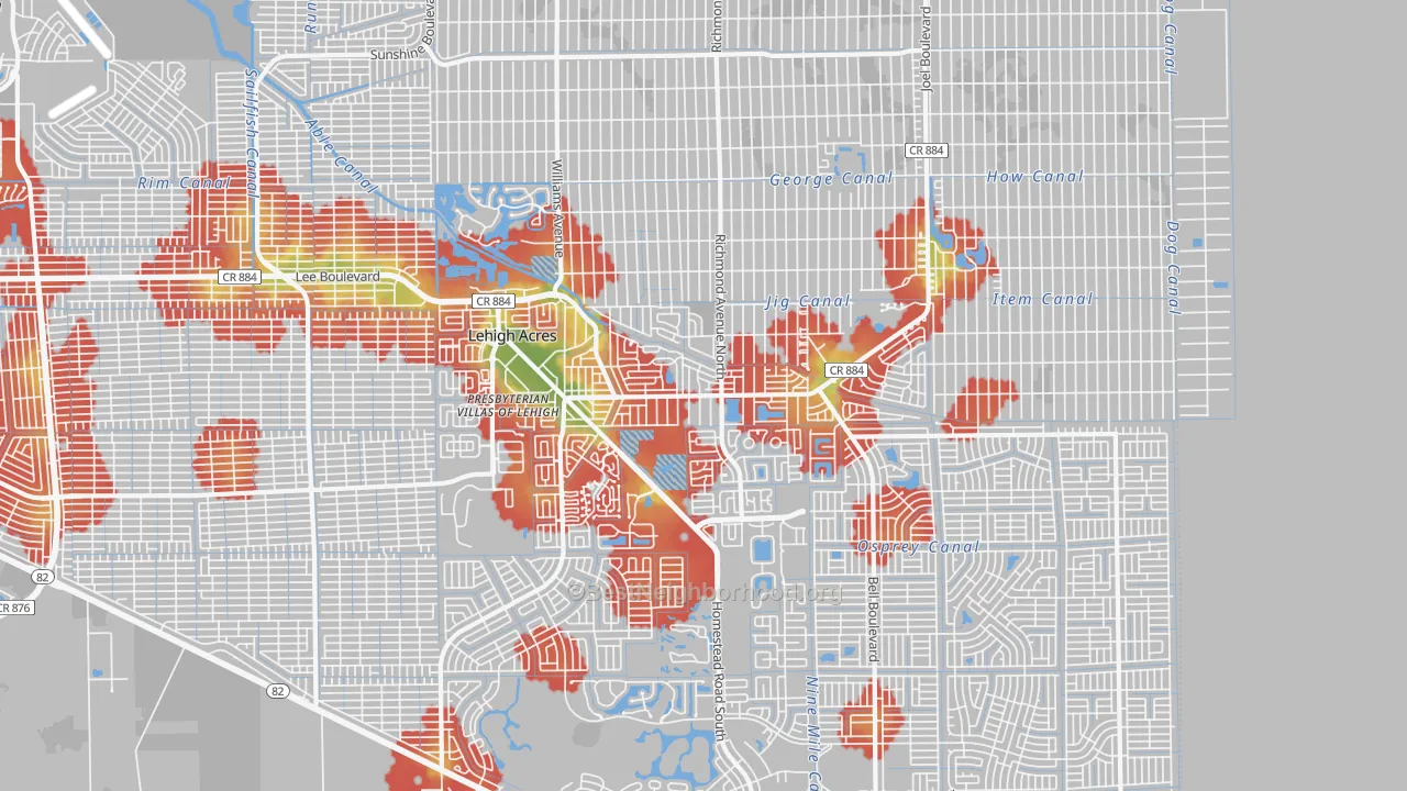 Walk Grade map of 33936, FL, walkable areas in green and car-dependent areas in red