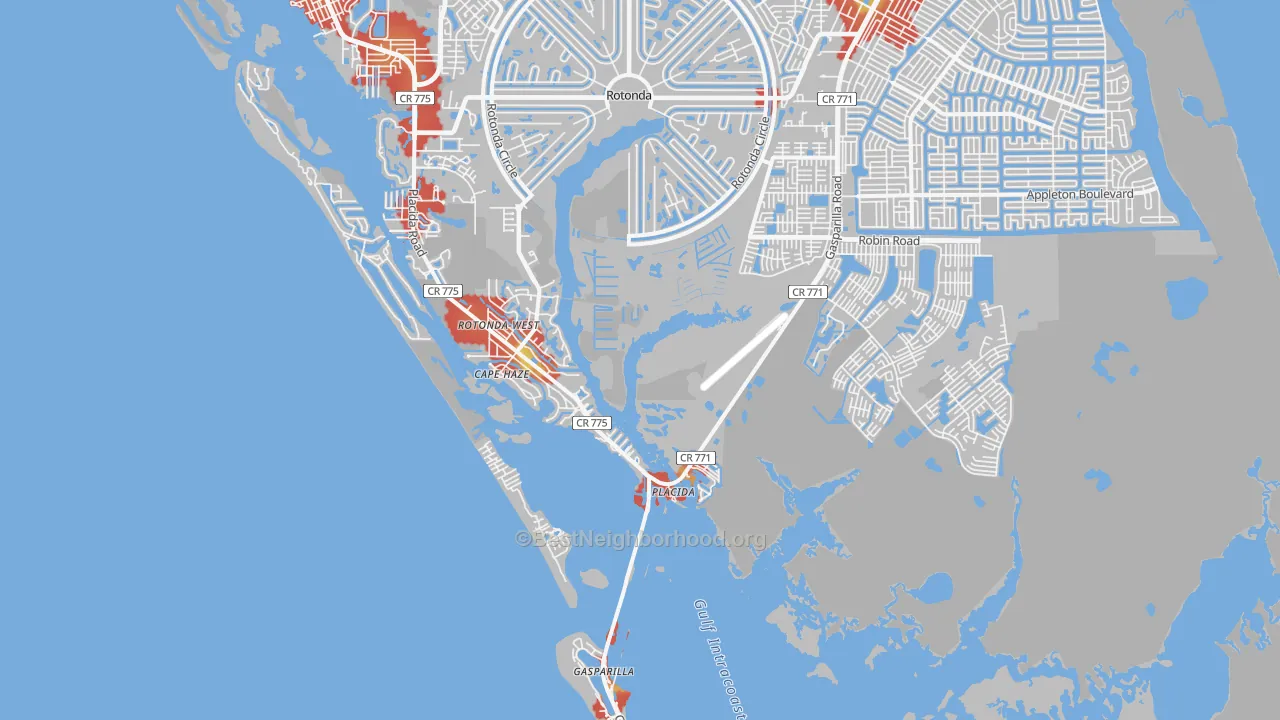 Walk Grade map of 33946, FL, walkable areas in green and car-dependent areas in red