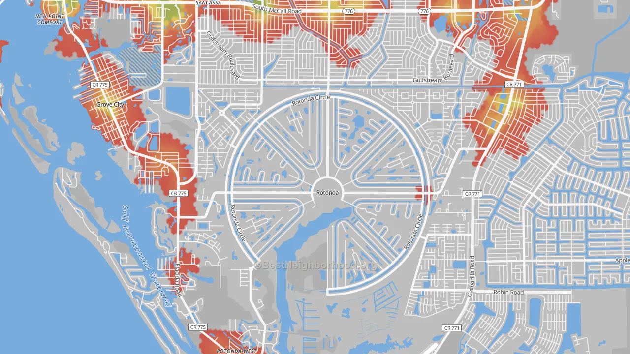 Walk Grade map of 33947, FL, walkable areas in green and car-dependent areas in red