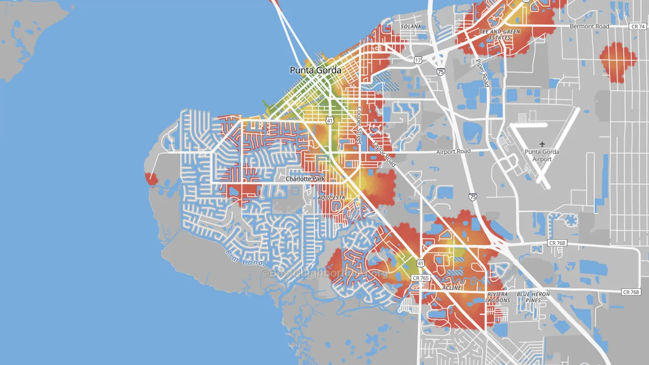 Walk Grade map of 33950, FL, walkable areas in green and car-dependent areas in red