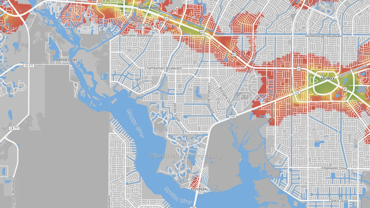 Walk Grade map of 33953, FL, walkable areas in green and car-dependent areas in red