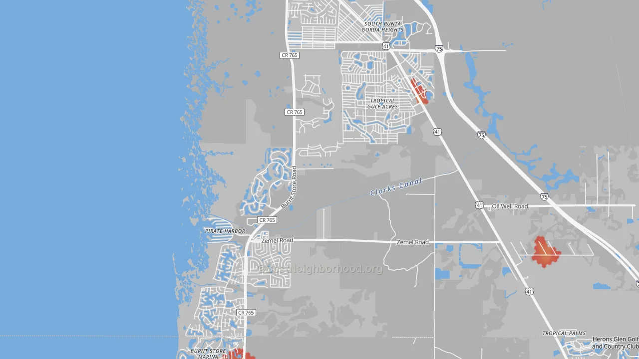 Walk Grade map of 33955, FL, walkable areas in green and car-dependent areas in red