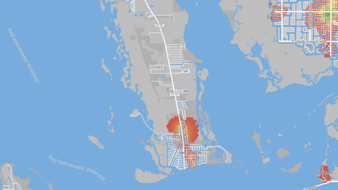 Walk Grade map of 33956, FL, walkable areas in green and car-dependent areas in red