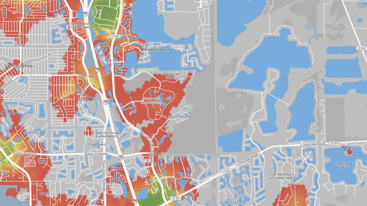 Walk Grade map of 33965, FL, walkable areas in green and car-dependent areas in red