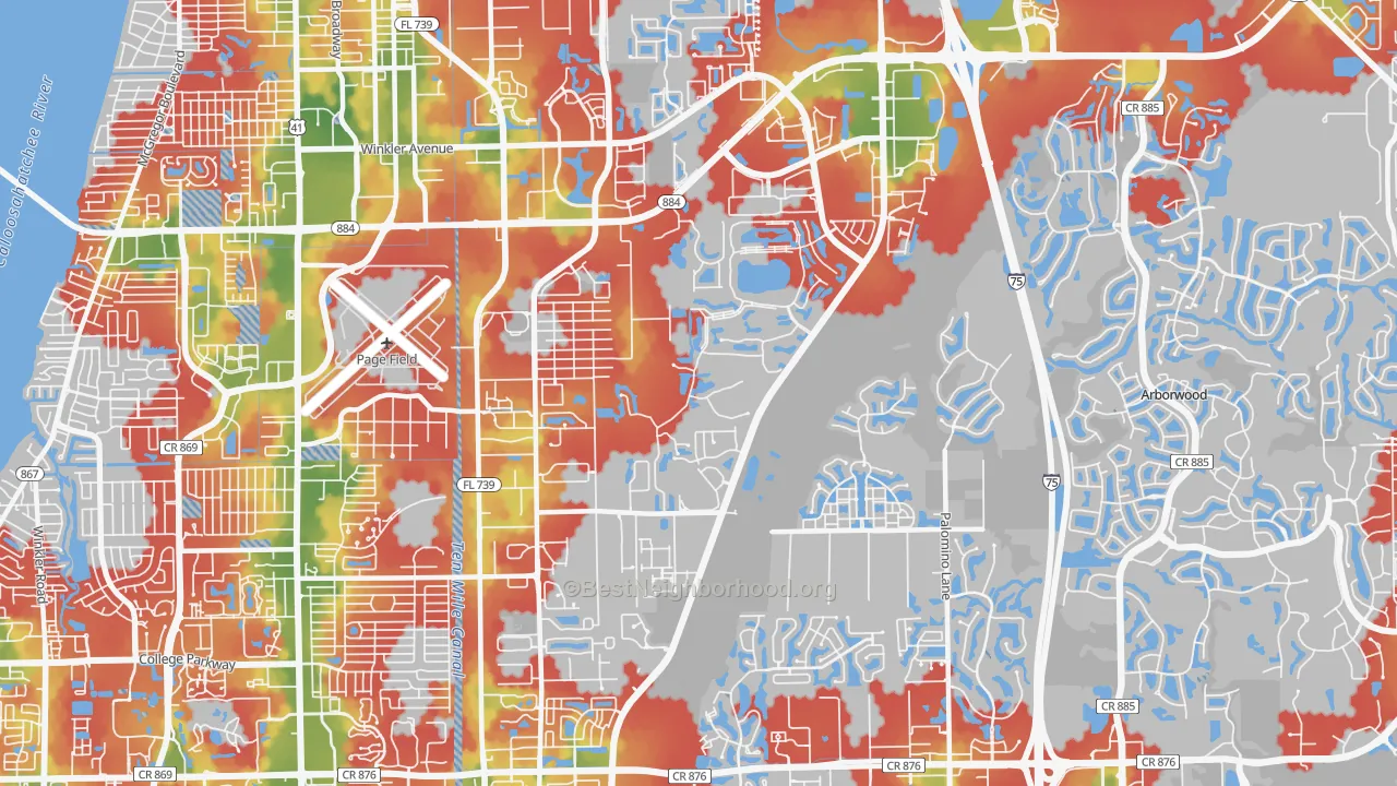 Walk Grade map of 33966, FL, walkable areas in green and car-dependent areas in red