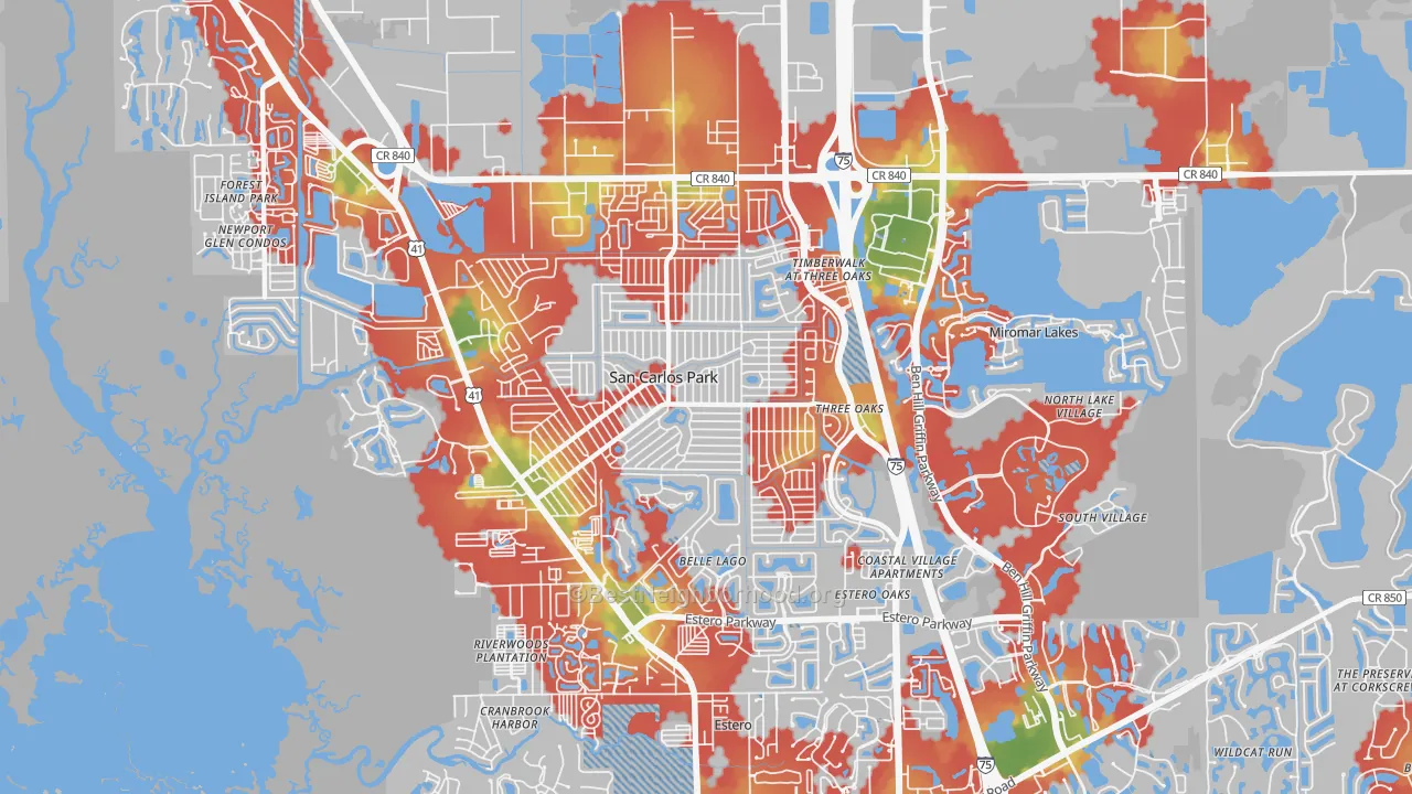 Walk Grade map of 33967, FL, walkable areas in green and car-dependent areas in red