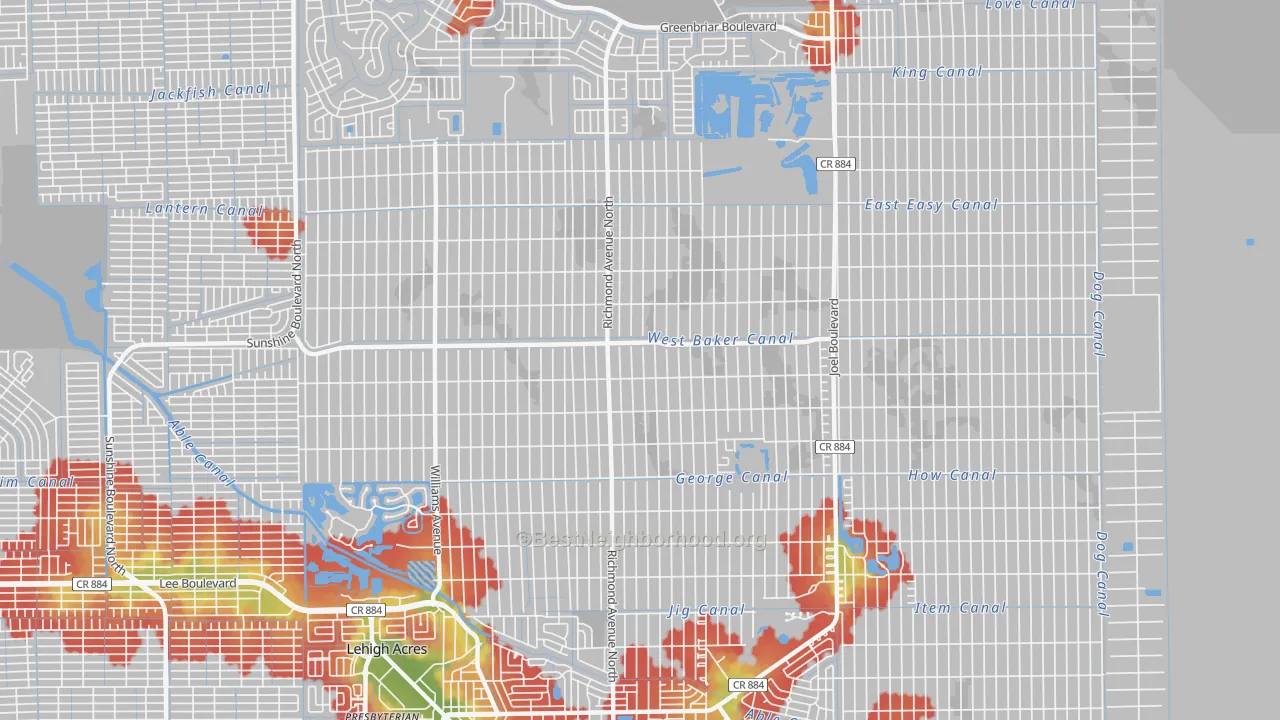 Walk Grade map of 33972, FL, walkable areas in green and car-dependent areas in red