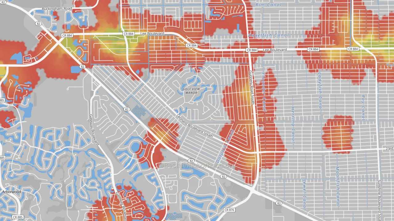 Walk Grade map of 33973, FL, walkable areas in green and car-dependent areas in red