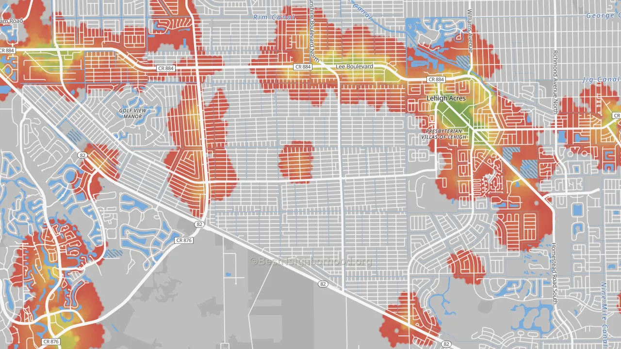 Walk Grade map of 33976, FL, walkable areas in green and car-dependent areas in red