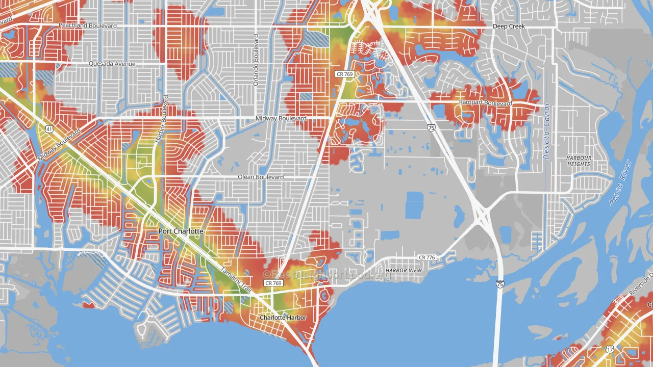 Walk Grade map of 33980, FL, walkable areas in green and car-dependent areas in red