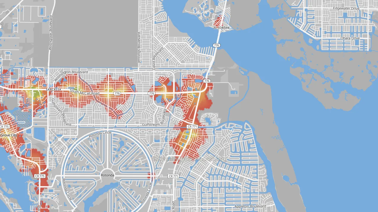 Walk Grade map of 33981, FL, walkable areas in green and car-dependent areas in red