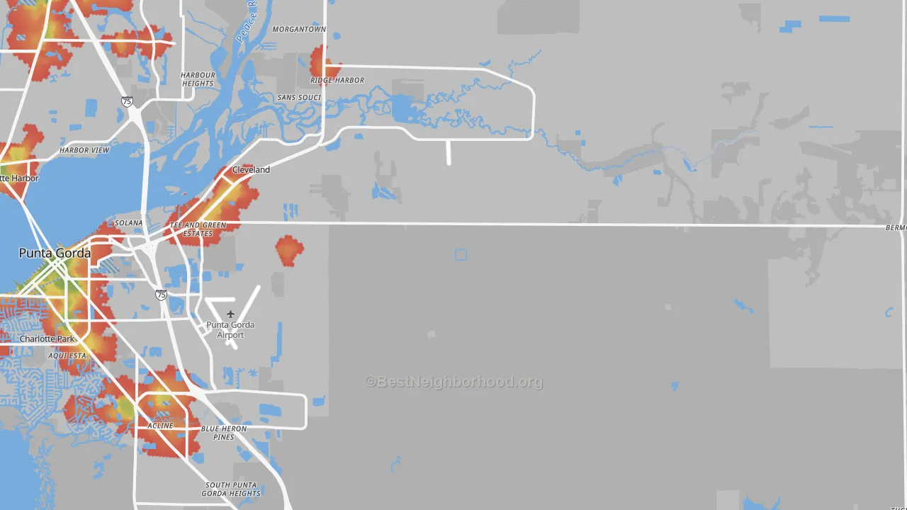 Walk Grade map of 33982, FL, walkable areas in green and car-dependent areas in red