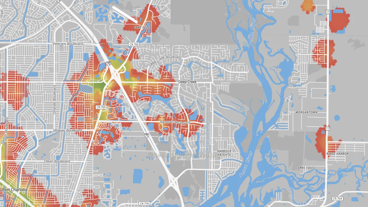 Walk Grade map of 33983, FL, walkable areas in green and car-dependent areas in red