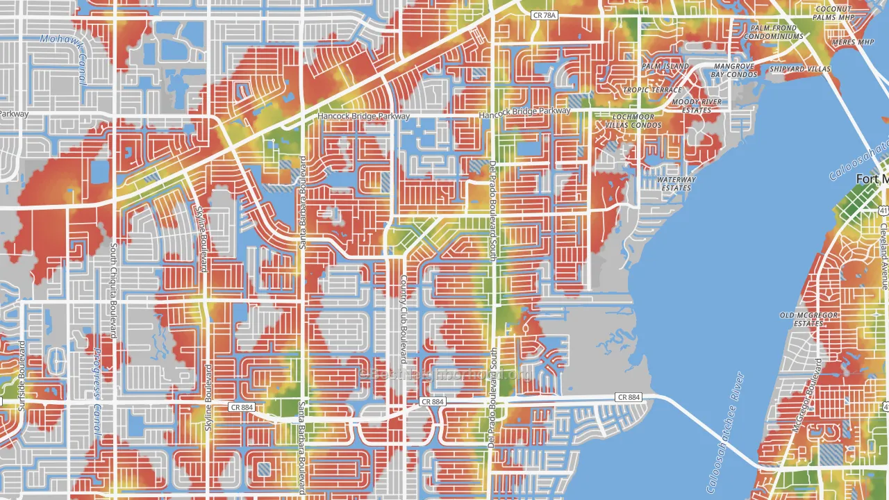 Walk Grade map of 33990, FL, walkable areas in green and car-dependent areas in red