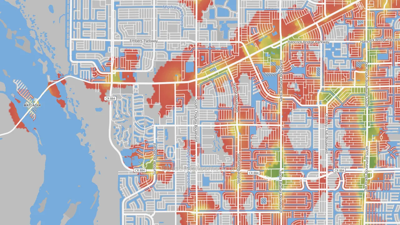 Walk Grade map of 33991, FL, walkable areas in green and car-dependent areas in red