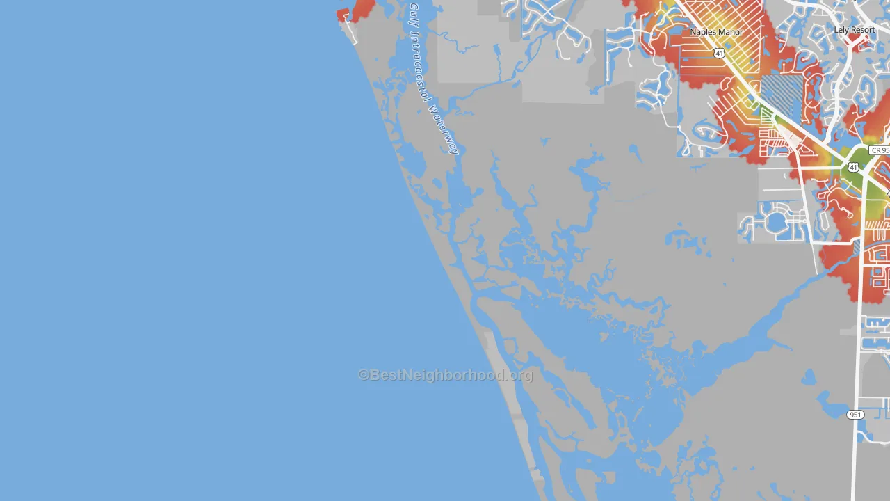 Walk Grade map of 34101, FL, walkable areas in green and car-dependent areas in red