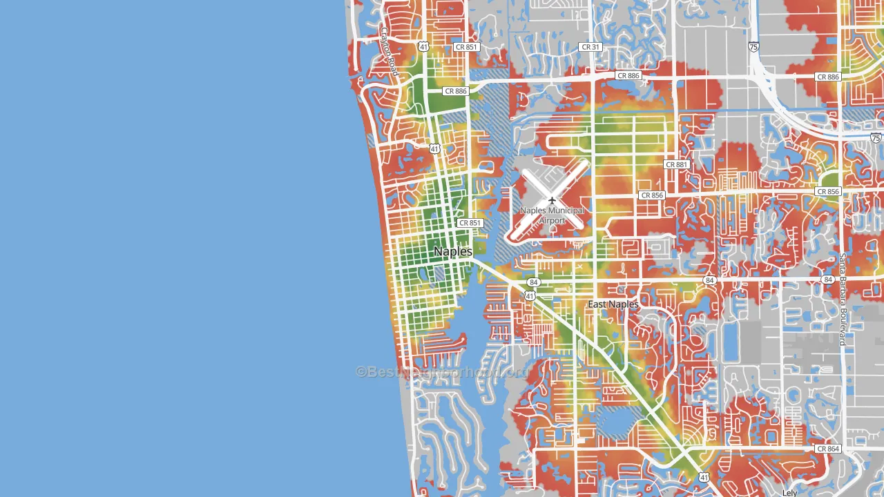 Walk Grade map of 34102, FL, walkable areas in green and car-dependent areas in red