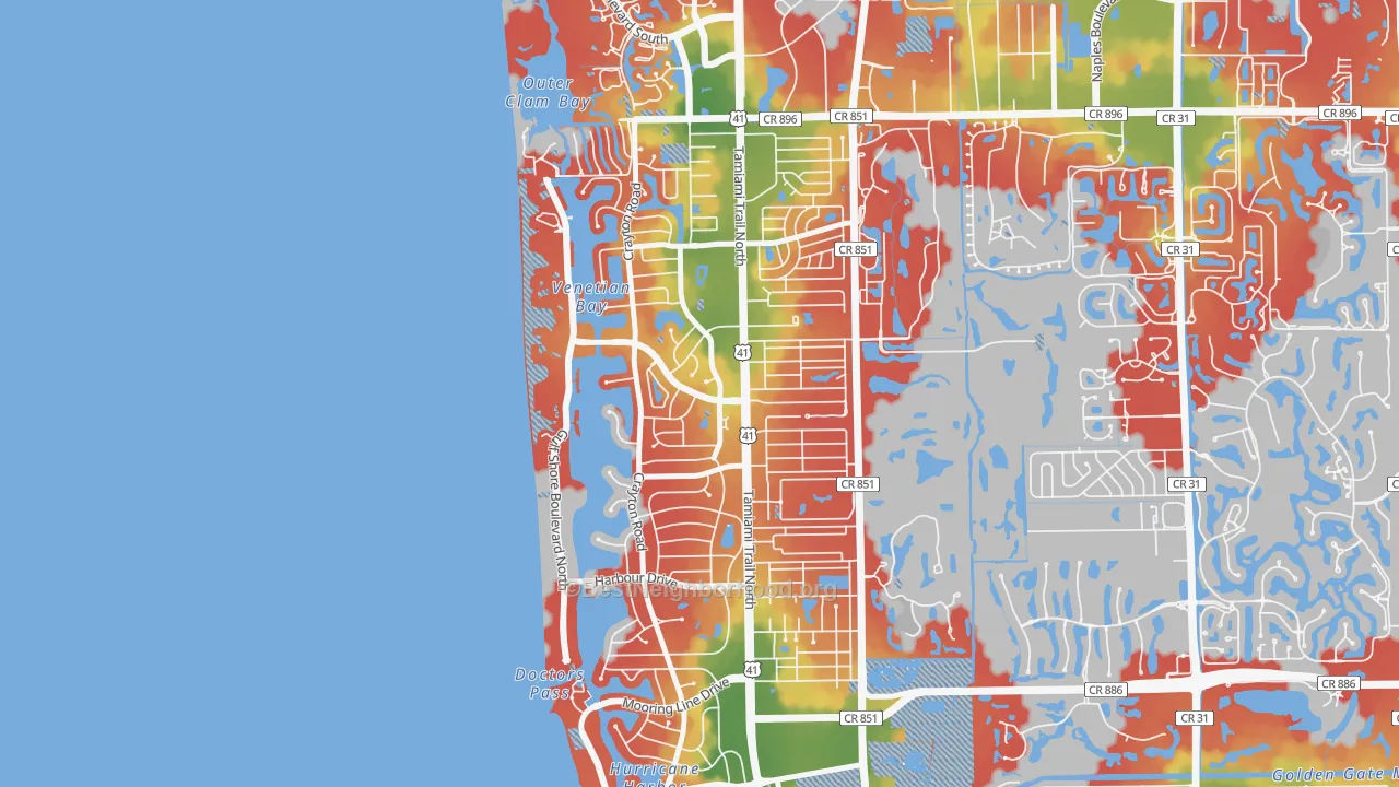 Walk Grade map of 34103, FL, walkable areas in green and car-dependent areas in red