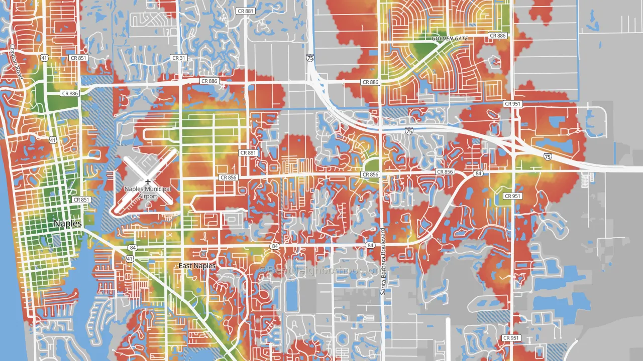 Walk Grade map of 34104, FL, walkable areas in green and car-dependent areas in red