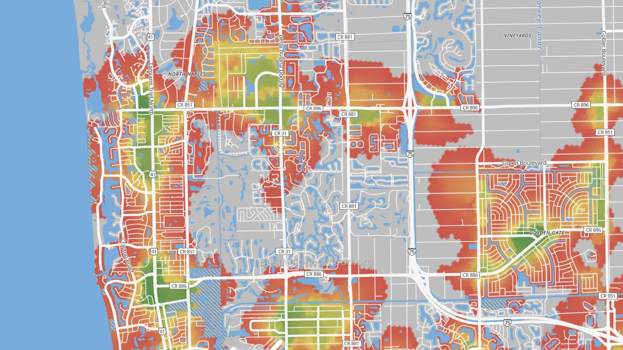 Walk Grade map of 34105, FL, walkable areas in green and car-dependent areas in red