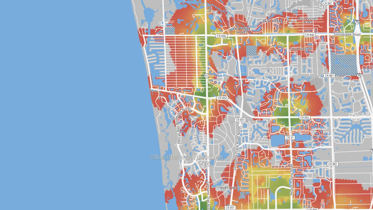 Walk Grade map of 34108, FL, walkable areas in green and car-dependent areas in red