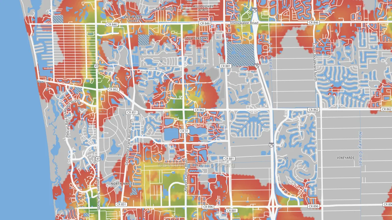 Walk Grade map of 34109, FL, walkable areas in green and car-dependent areas in red