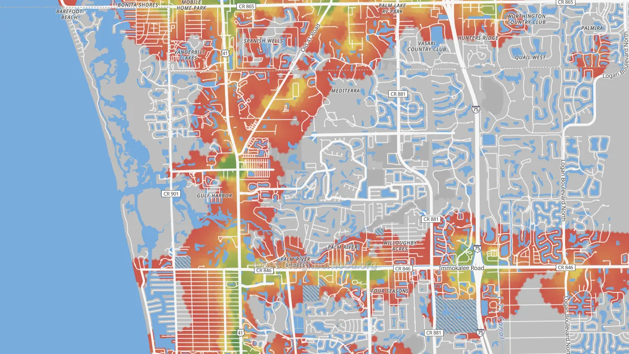 Walk Grade map of 34110, FL, walkable areas in green and car-dependent areas in red