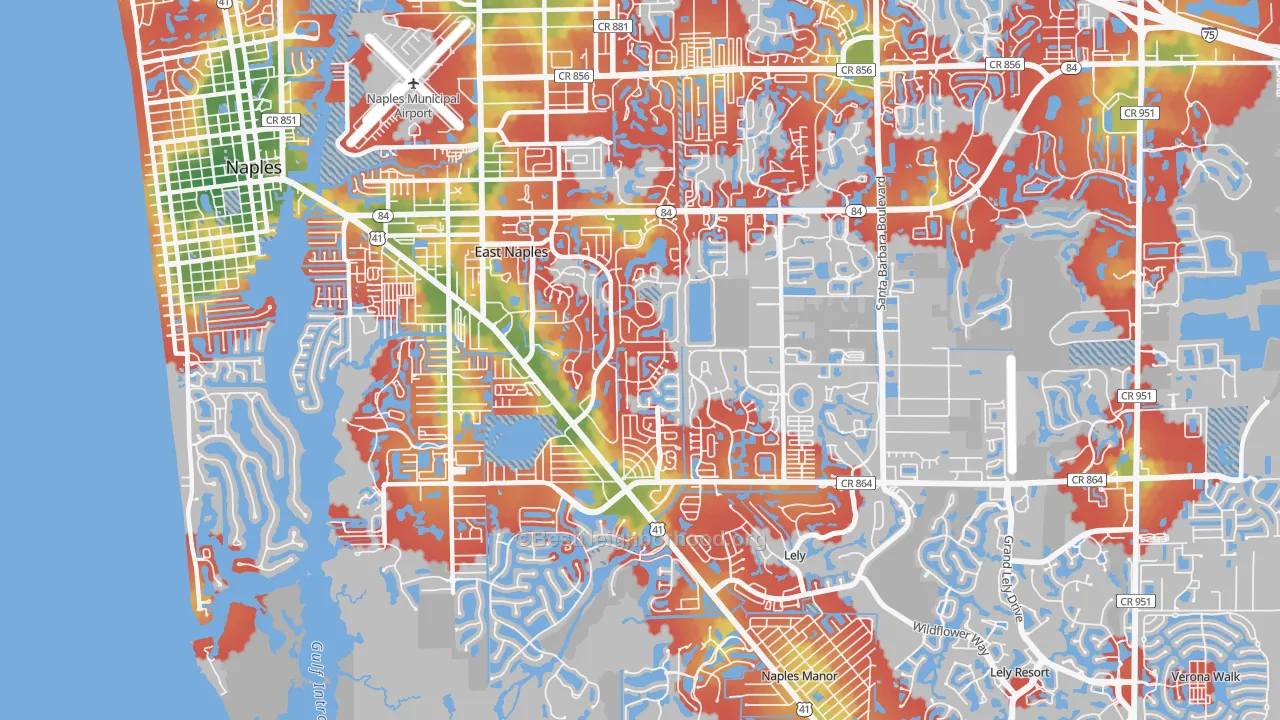 Walk Grade map of 34112, FL, walkable areas in green and car-dependent areas in red