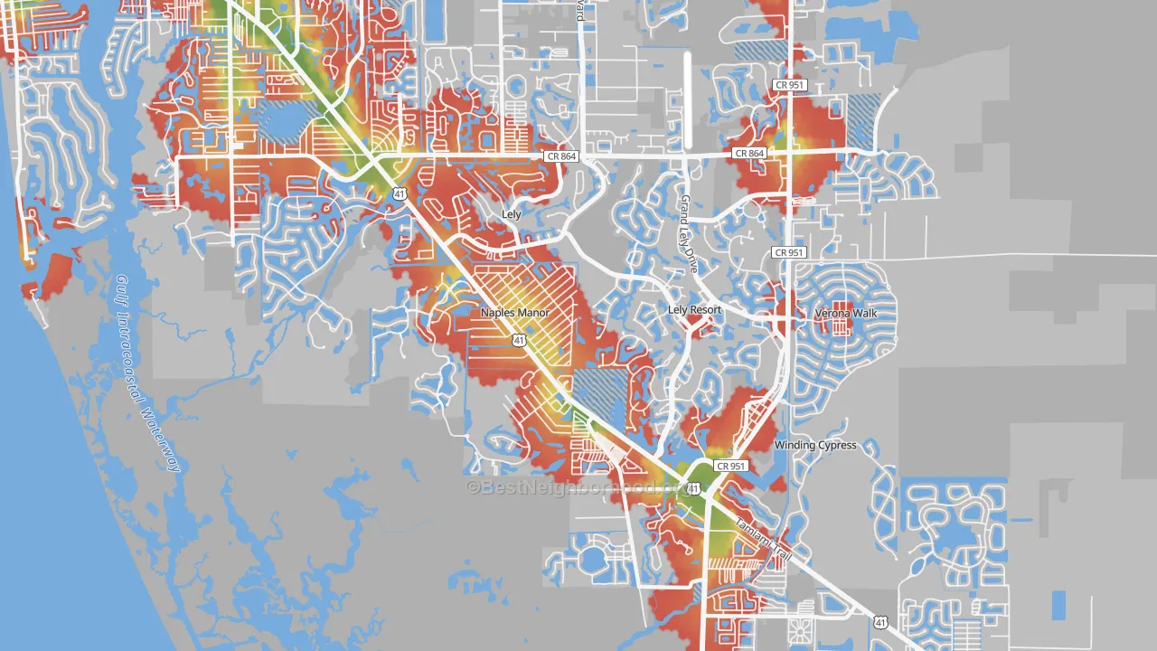 Walk Grade map of 34113, FL, walkable areas in green and car-dependent areas in red