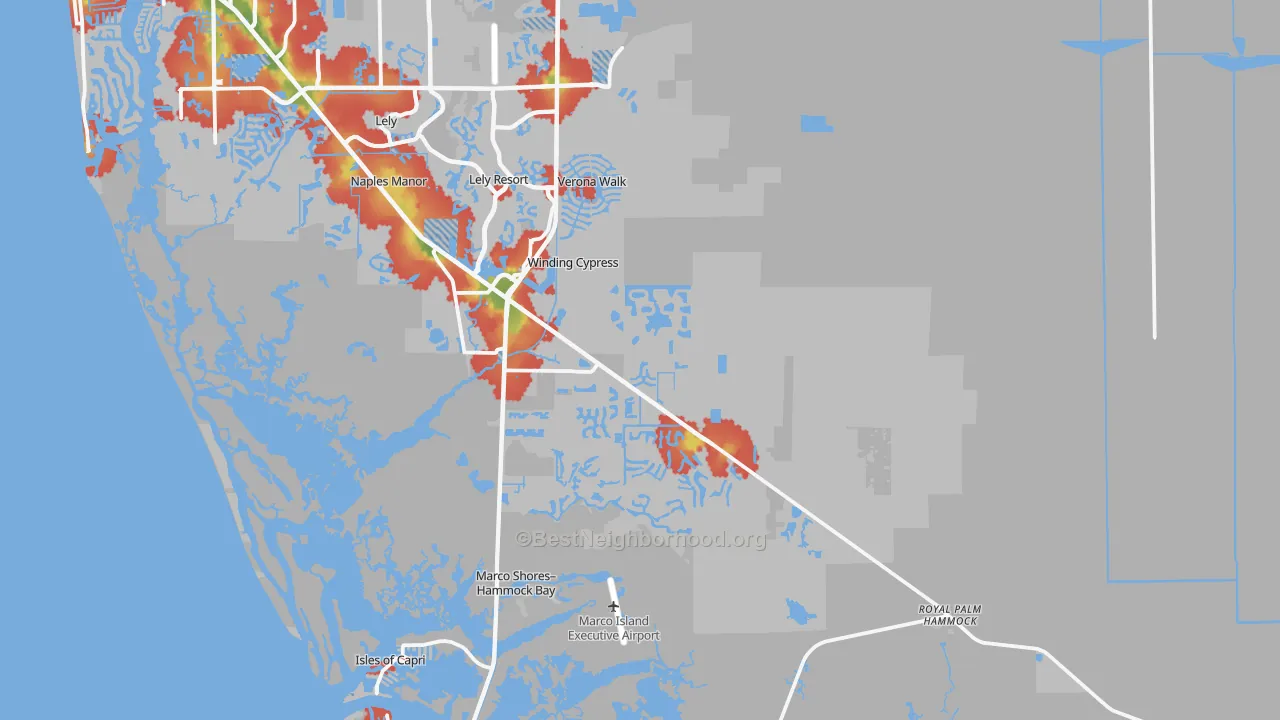 Walk Grade map of 34114, FL, walkable areas in green and car-dependent areas in red
