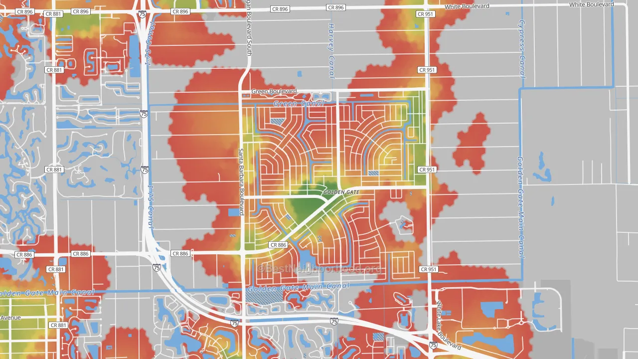 Walk Grade map of 34116, FL, walkable areas in green and car-dependent areas in red