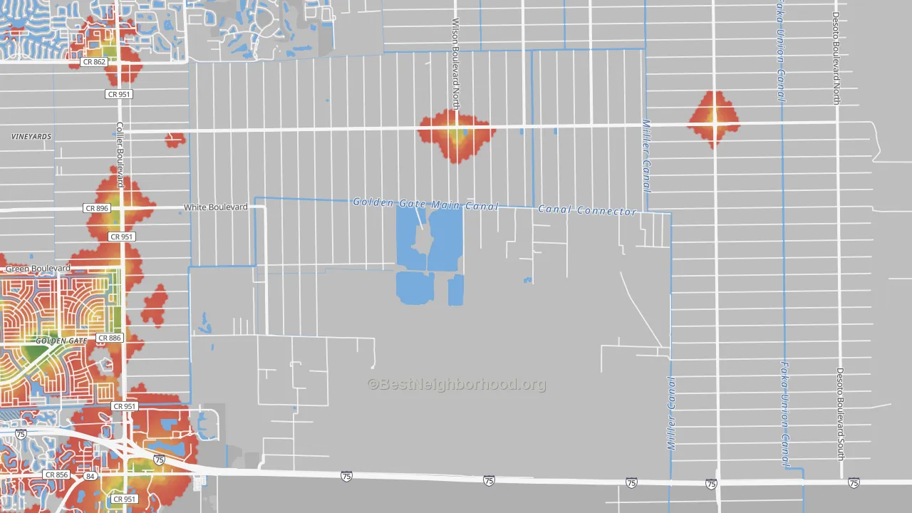 Walk Grade map of 34117, FL, walkable areas in green and car-dependent areas in red