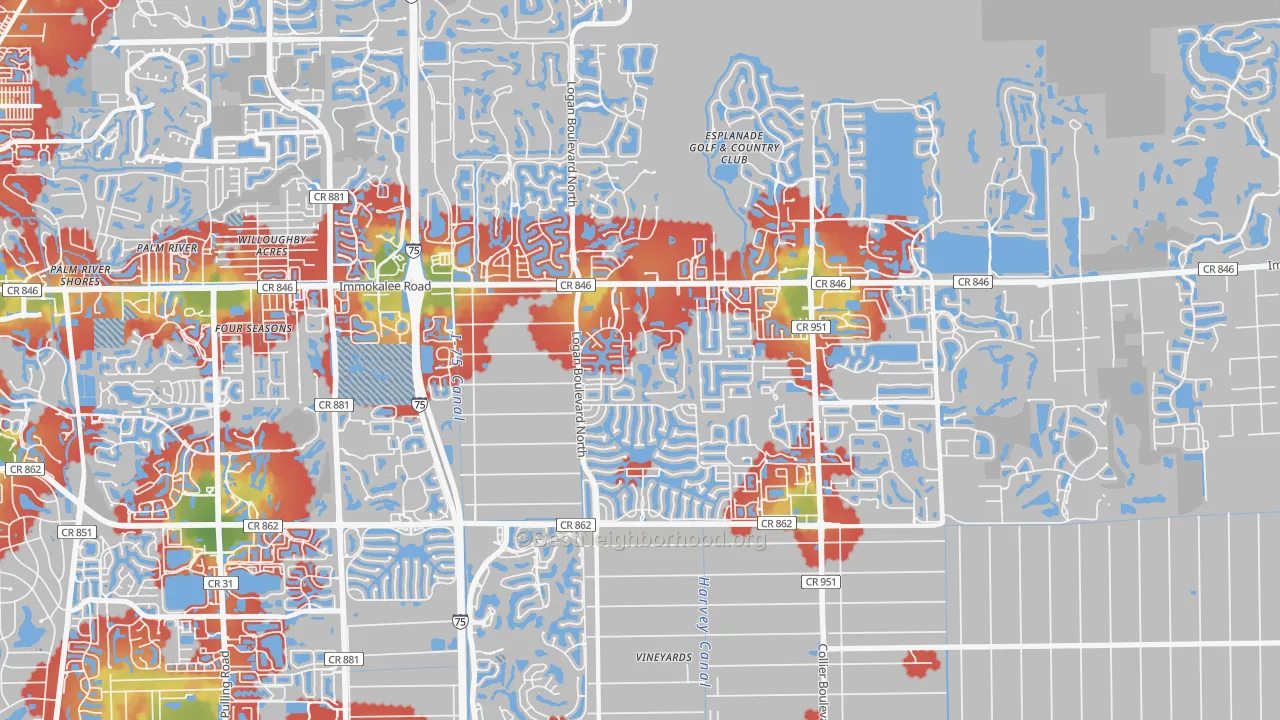 Walk Grade map of 34119, FL, walkable areas in green and car-dependent areas in red