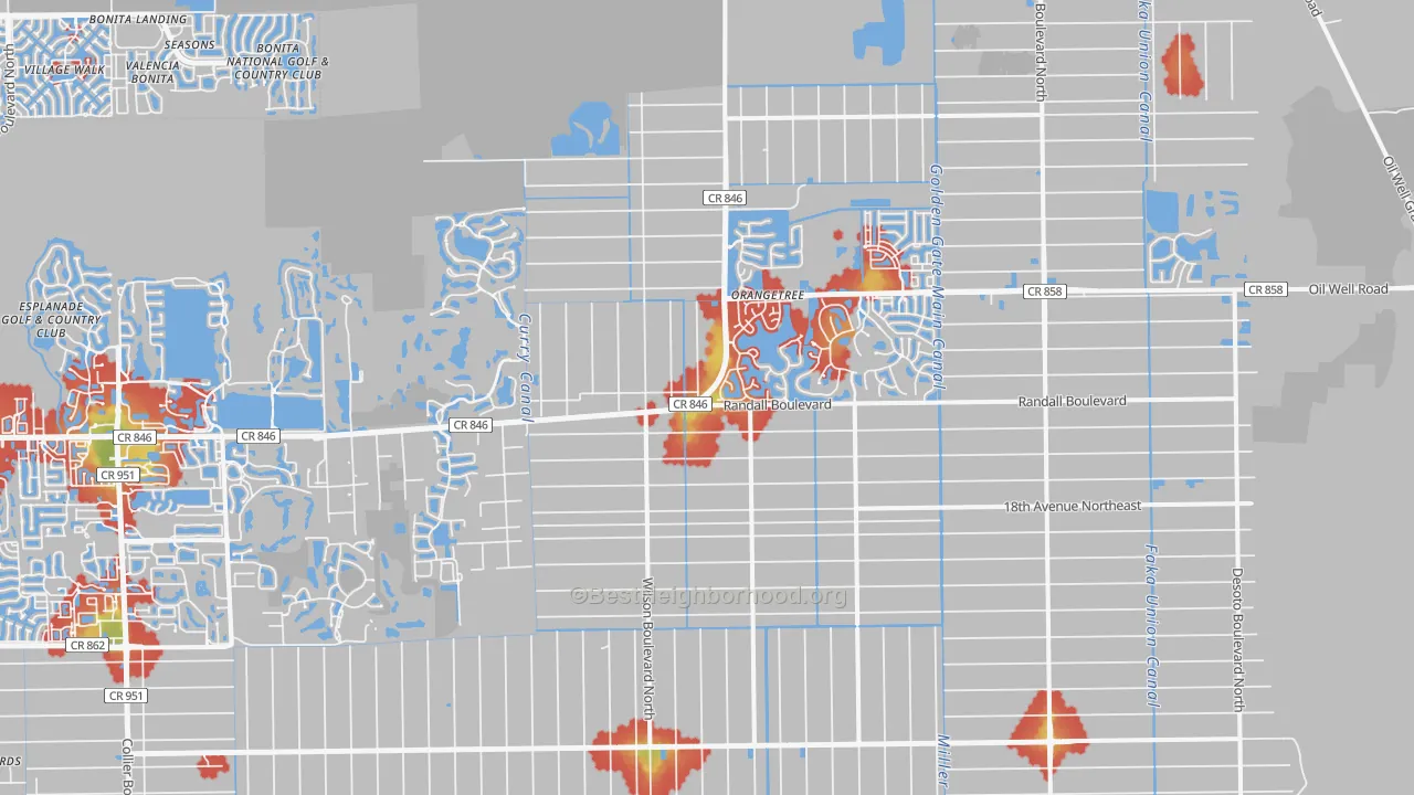 Walk Grade map of 34120, FL, walkable areas in green and car-dependent areas in red