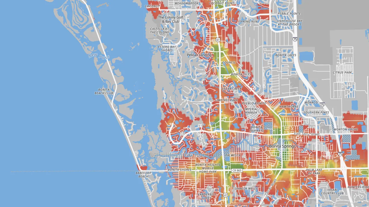 Walk Grade map of 34134, FL, walkable areas in green and car-dependent areas in red
