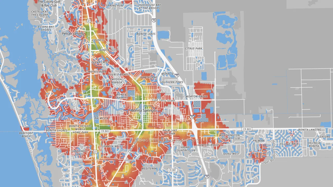 Walk Grade map of 34135, FL, walkable areas in green and car-dependent areas in red