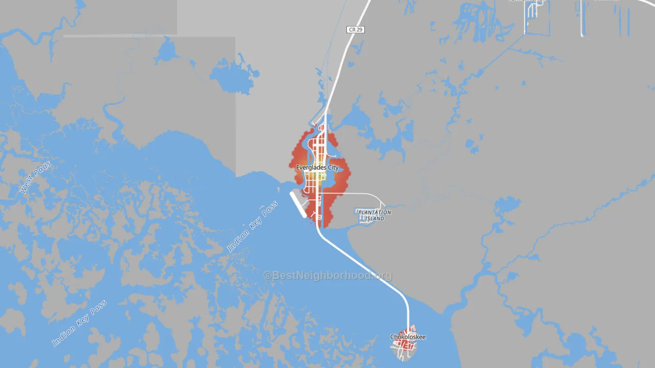 Walk Grade map of 34139, FL, walkable areas in green and car-dependent areas in red