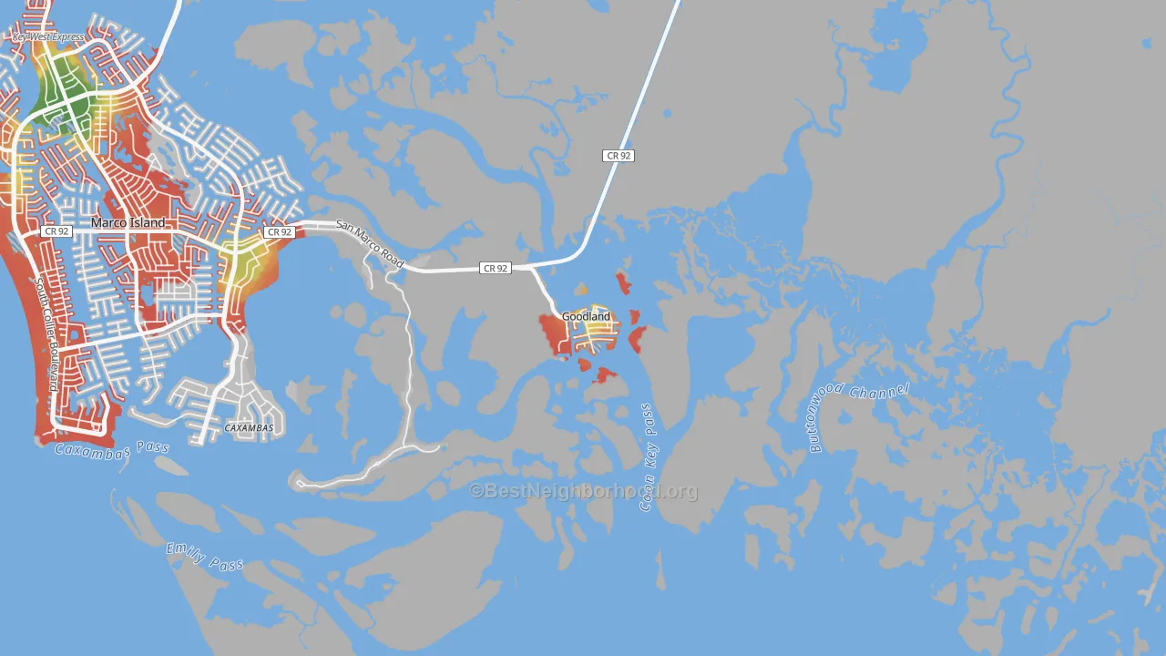 Walk Grade map of 34140, FL, walkable areas in green and car-dependent areas in red